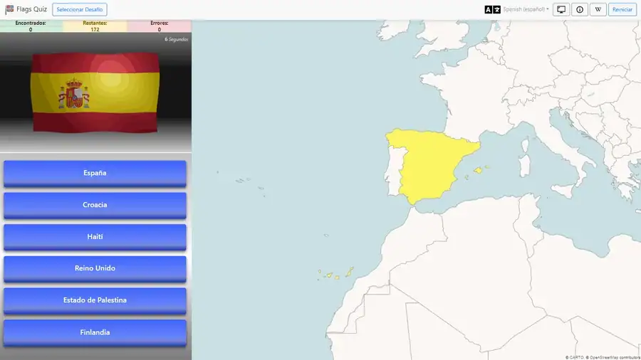 El Quiz de Banderas en marcha: bandera animada, opciones de respuesta y mapa interactivo